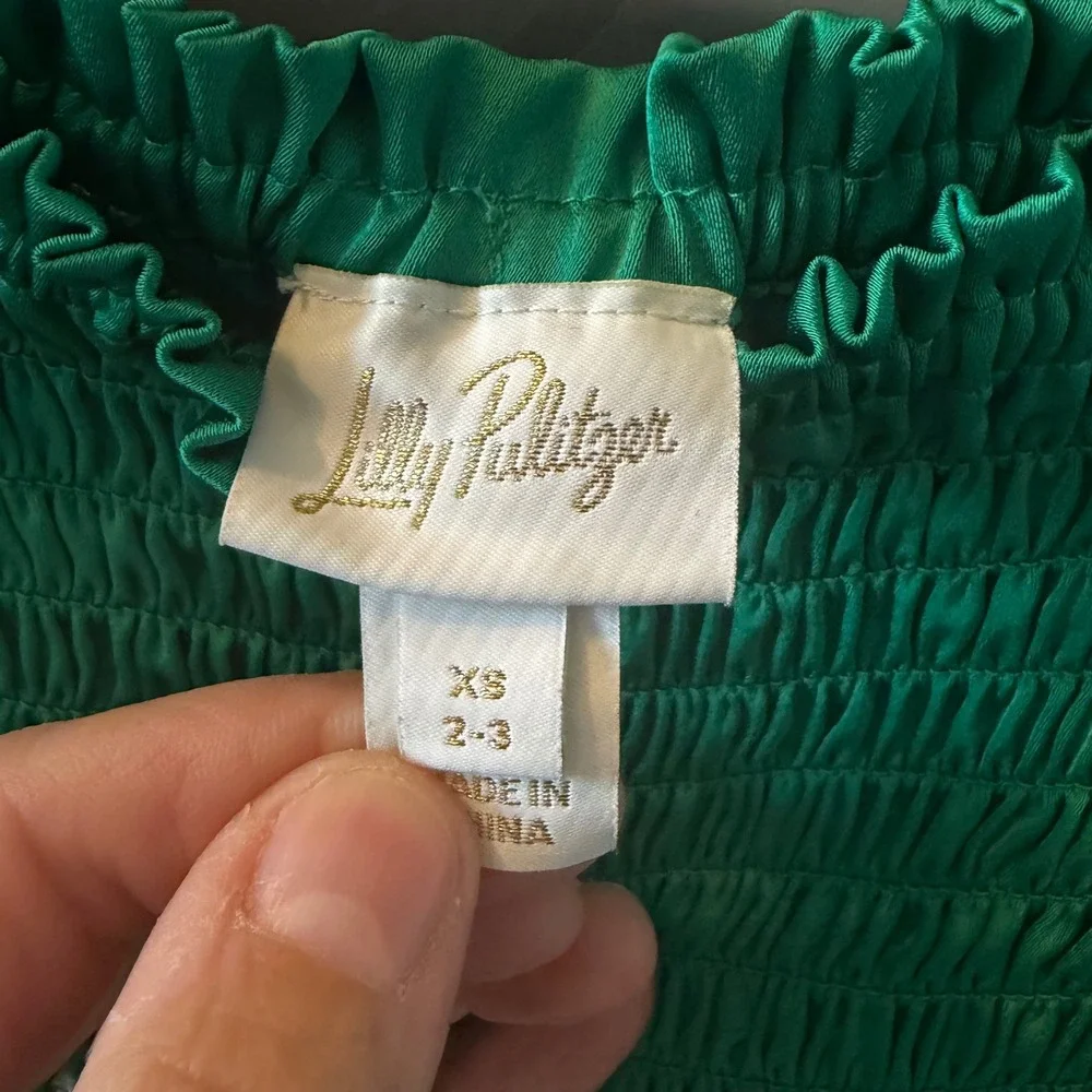 Lilly Pulitzer Girls Emerald Green Satin Smocked Puff Sleeve Dress XS 2-3